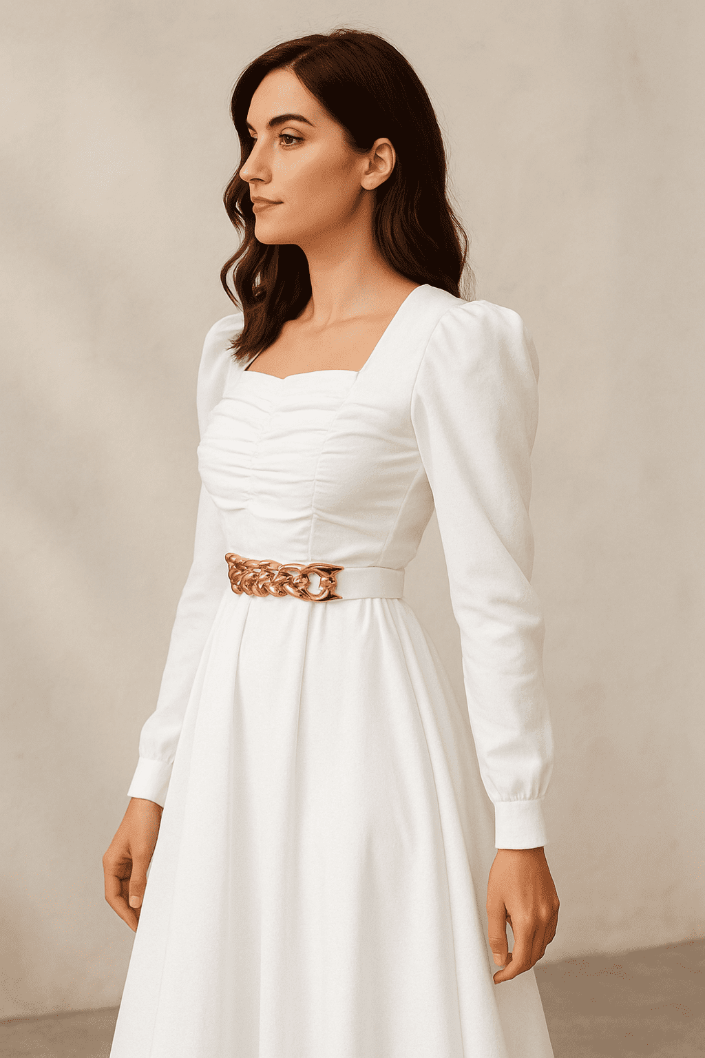 Elegant Black Ruched Maxi Dress with Gold Chain Belt