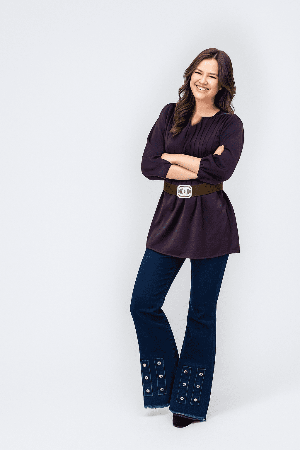 Dark Purple Pleated Satin Top with Designer Denim Jeans – Elegant & Edgy Combo 👚👖