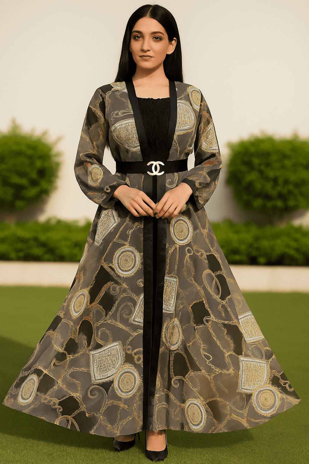 Elegant Printed Long Gown with Belt – Luxe Flow & Fashion Statement ✨