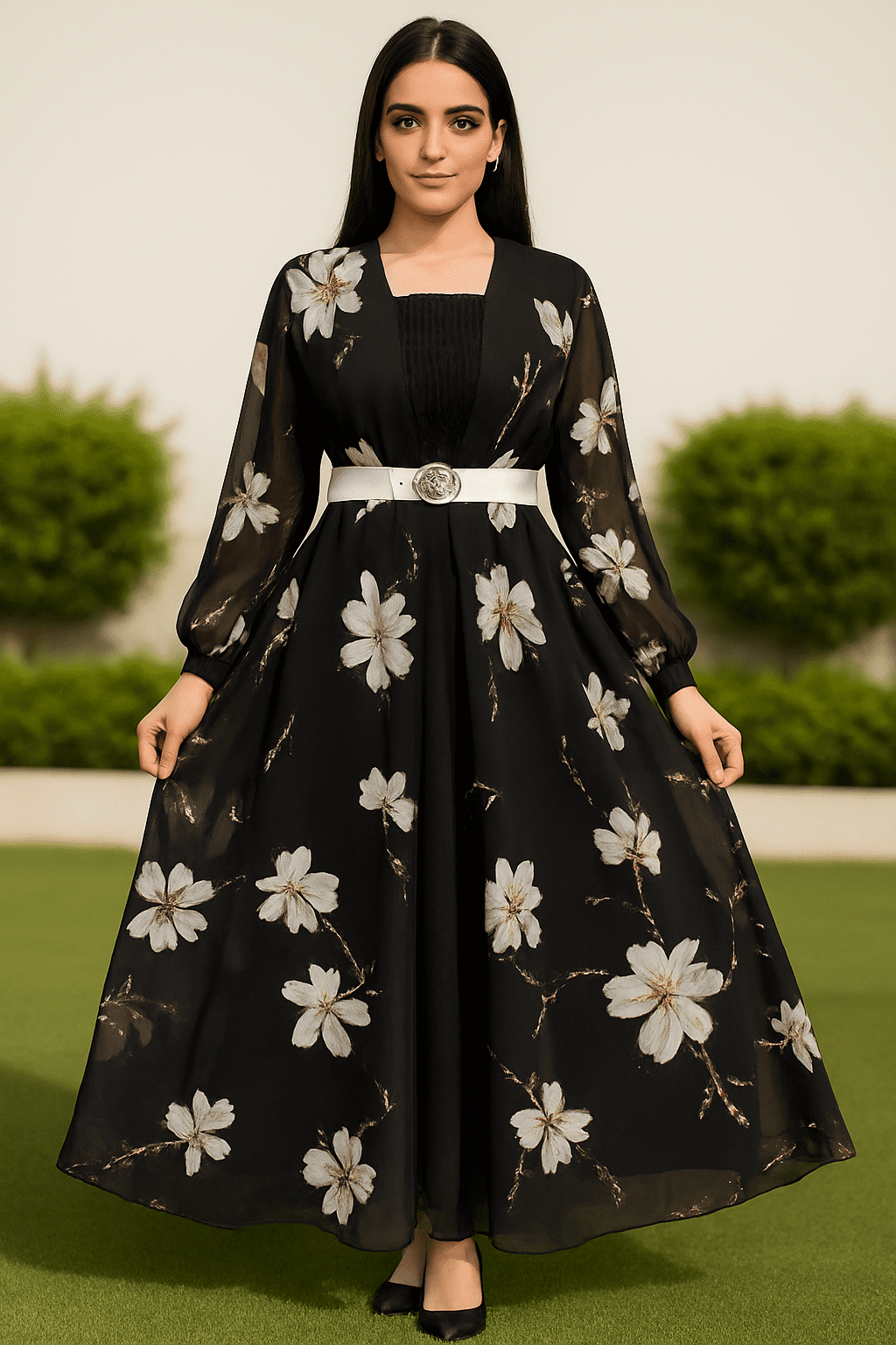 Elegant Black Floral Flare Gown with Belt & Printed Sleeves 🌸🖤