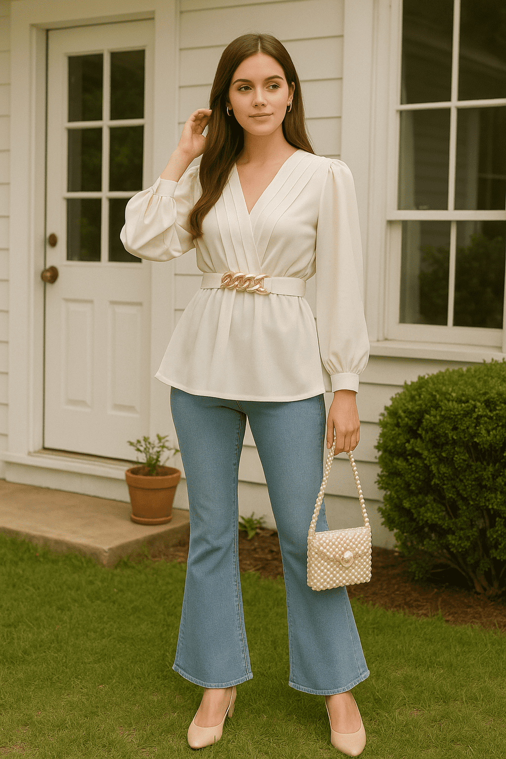 Chic White Pleated Top with Golden Belt 👑 & Sky Blue Flared Jeans 👖 | Elegant Casual Set 🌿