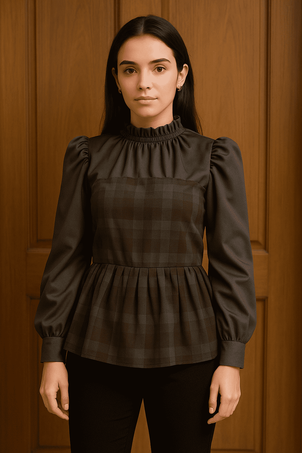 Elegant Checkered Frill Top with Puff Sleeves 🖤✨