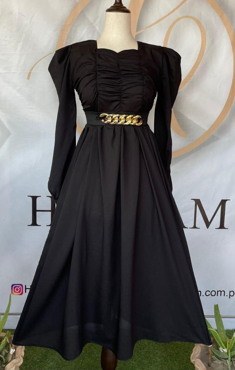 Elegant Black Ruched Maxi Dress with Gold Chain Belt - Image 2