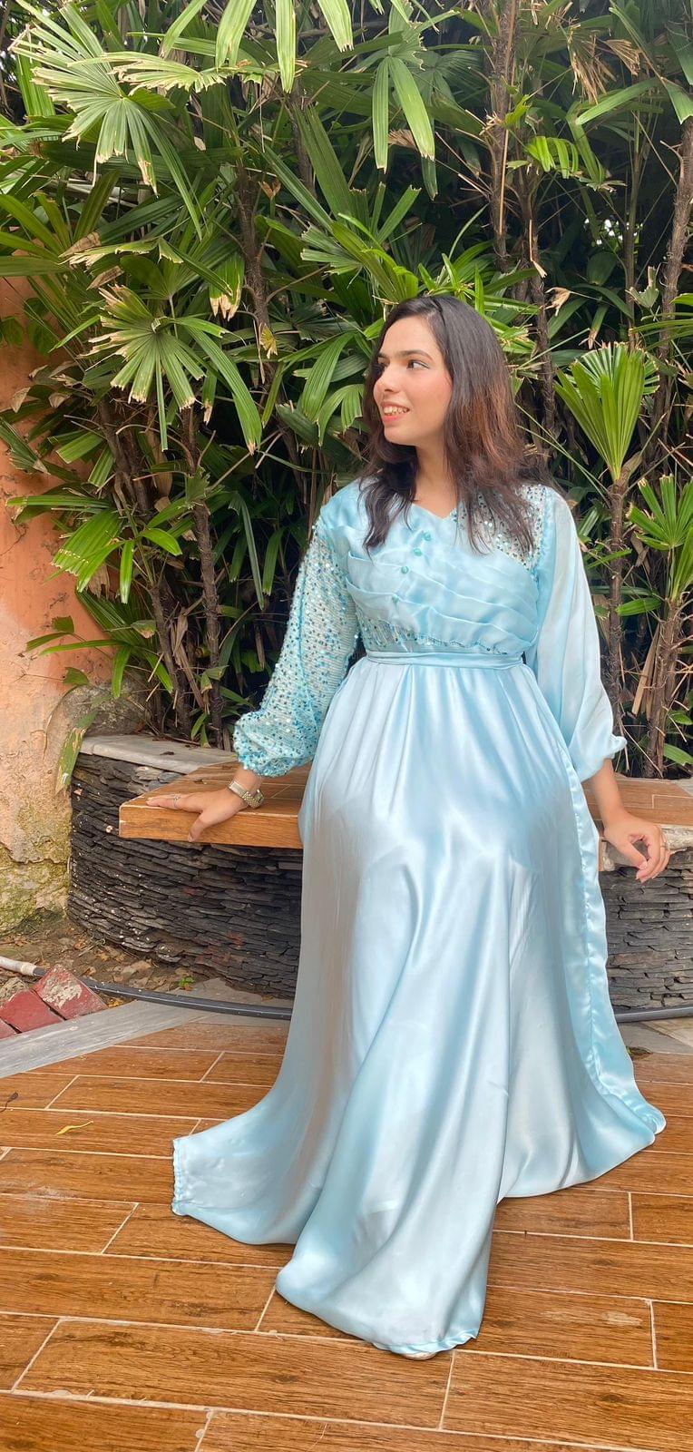 Elegant Ice Blue Silk Maxi Dress with Embellished Sleeves