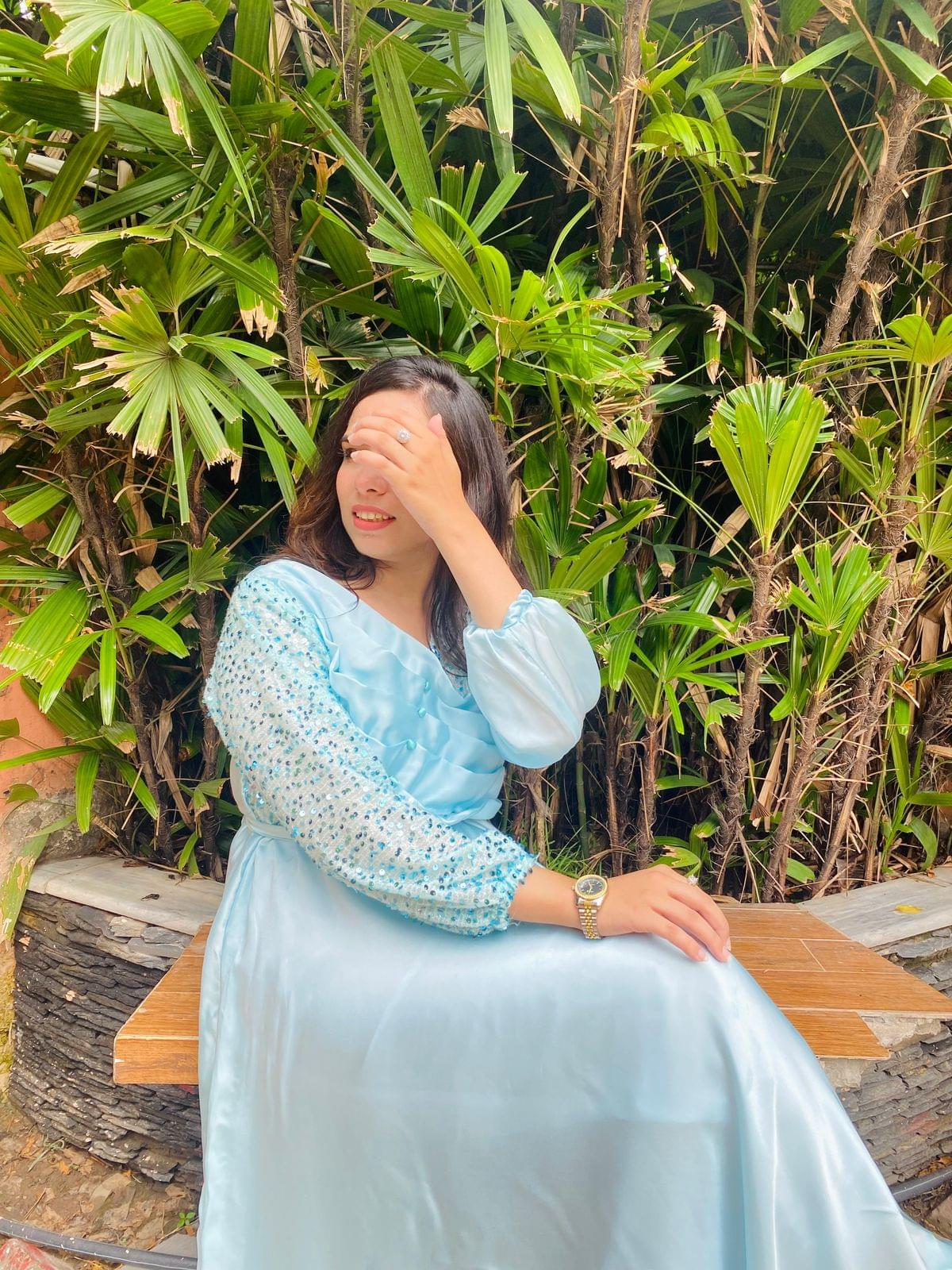 Elegant Ice Blue Silk Maxi Dress with Embellished Sleeves - Image 4