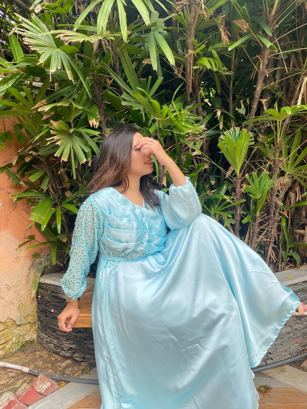 Elegant Ice Blue Silk Maxi Dress with Embellished Sleeves - Image 5