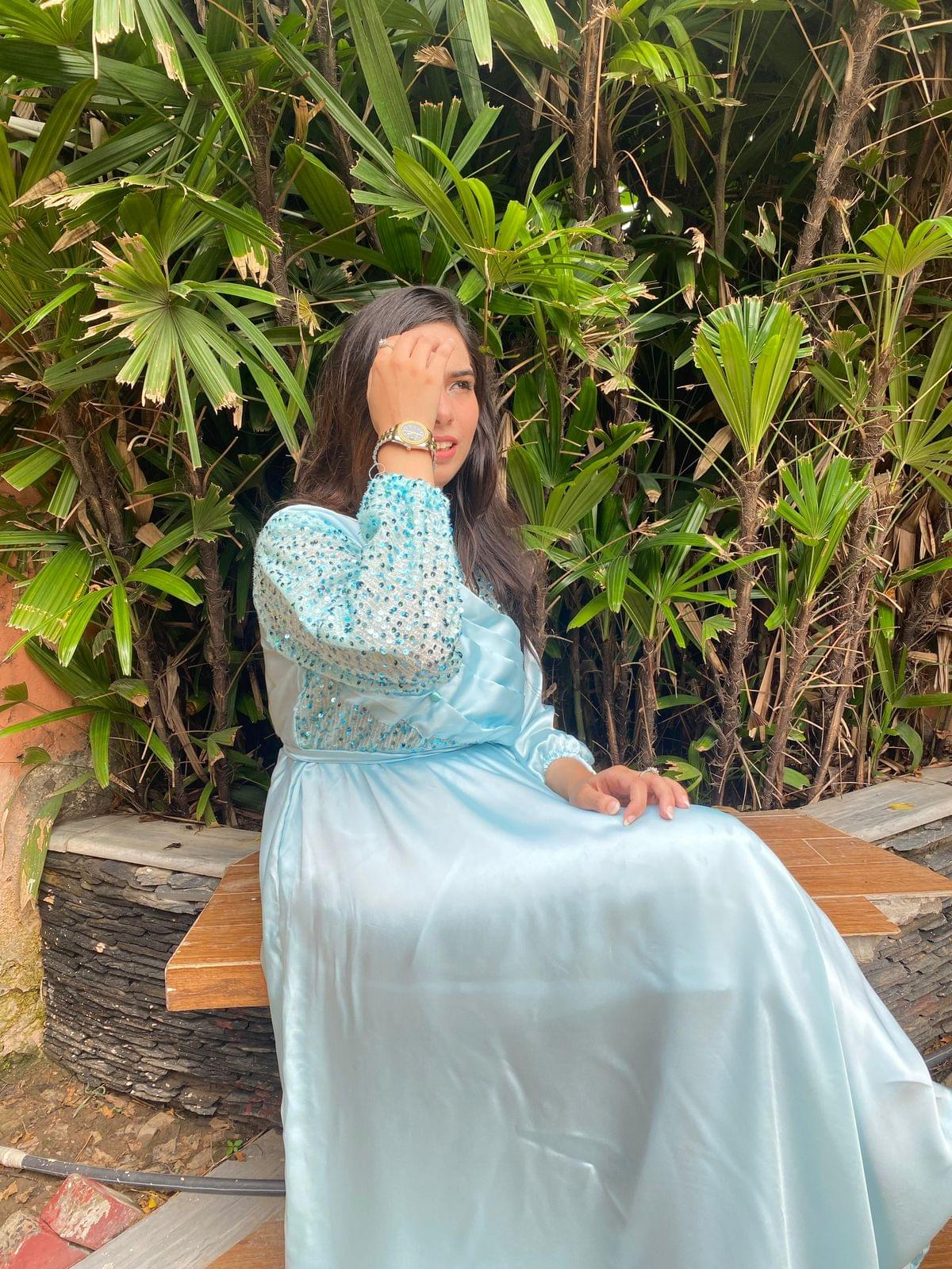 Elegant Ice Blue Silk Maxi Dress with Embellished Sleeves - Image 2