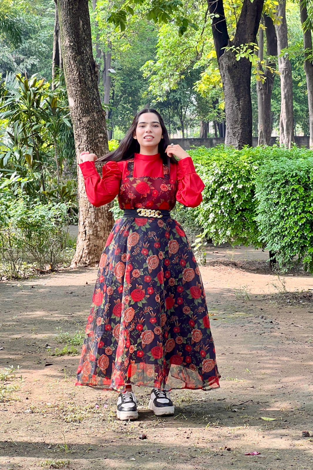 Elegant Black & Red Floral Organza Dress