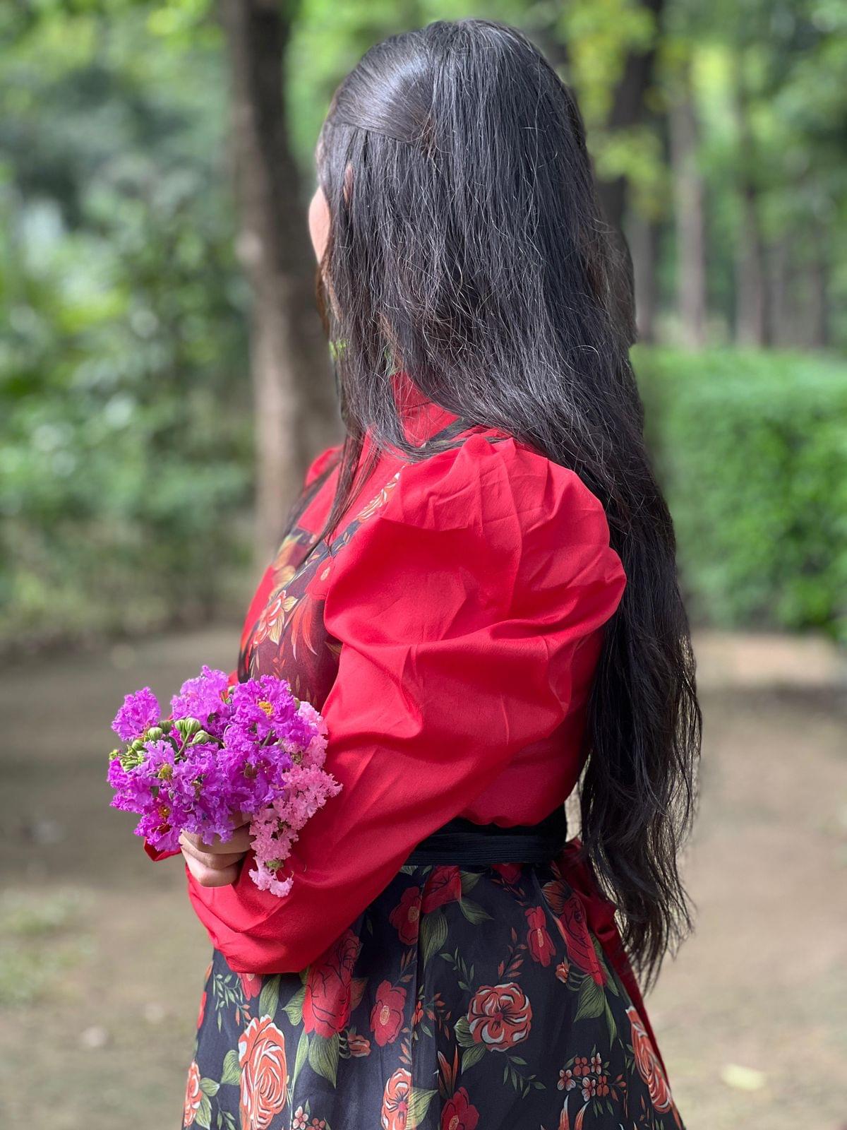 Elegant Black & Red Floral Organza Dress - Image 4