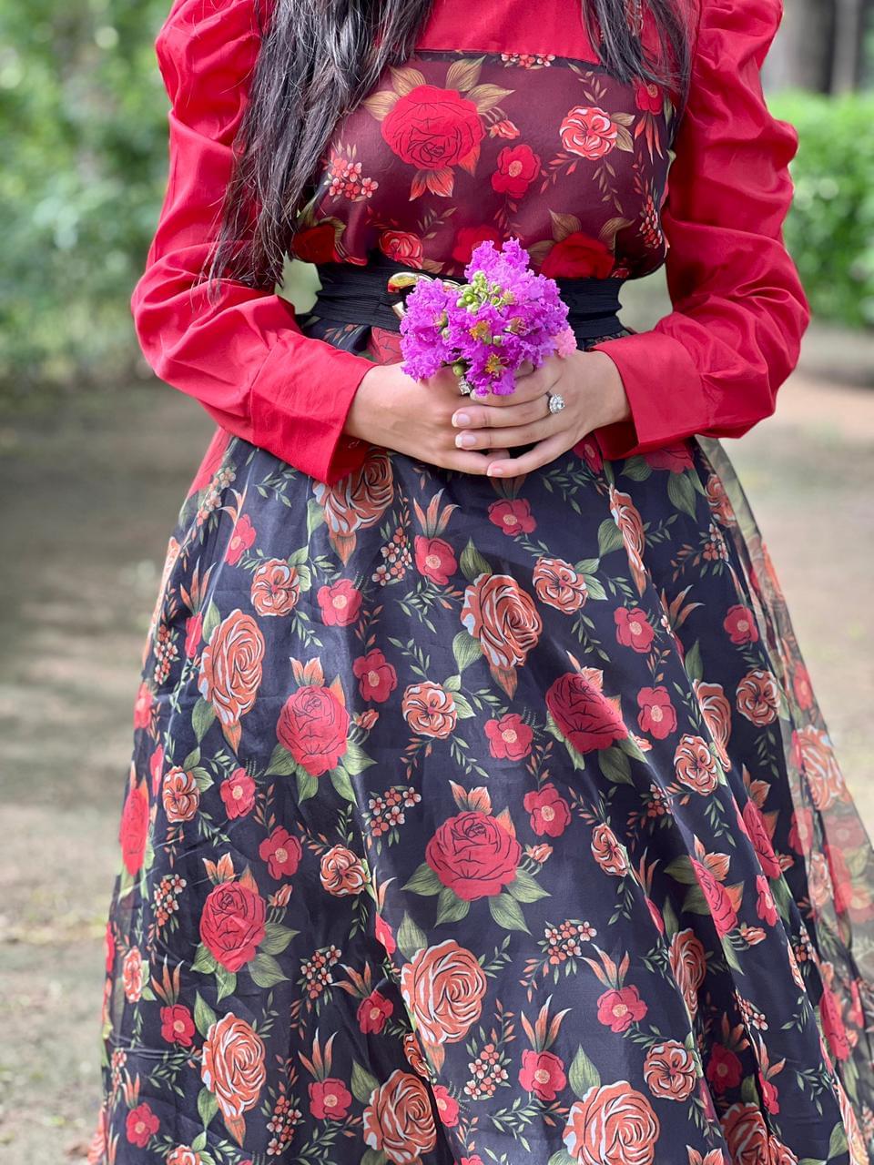 Elegant Black & Red Floral Organza Dress - Image 2