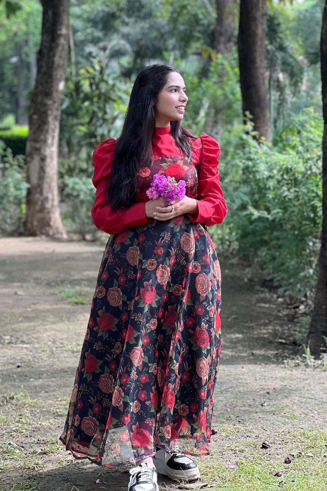Elegant Black & Red Floral Organza Dress - Image 3