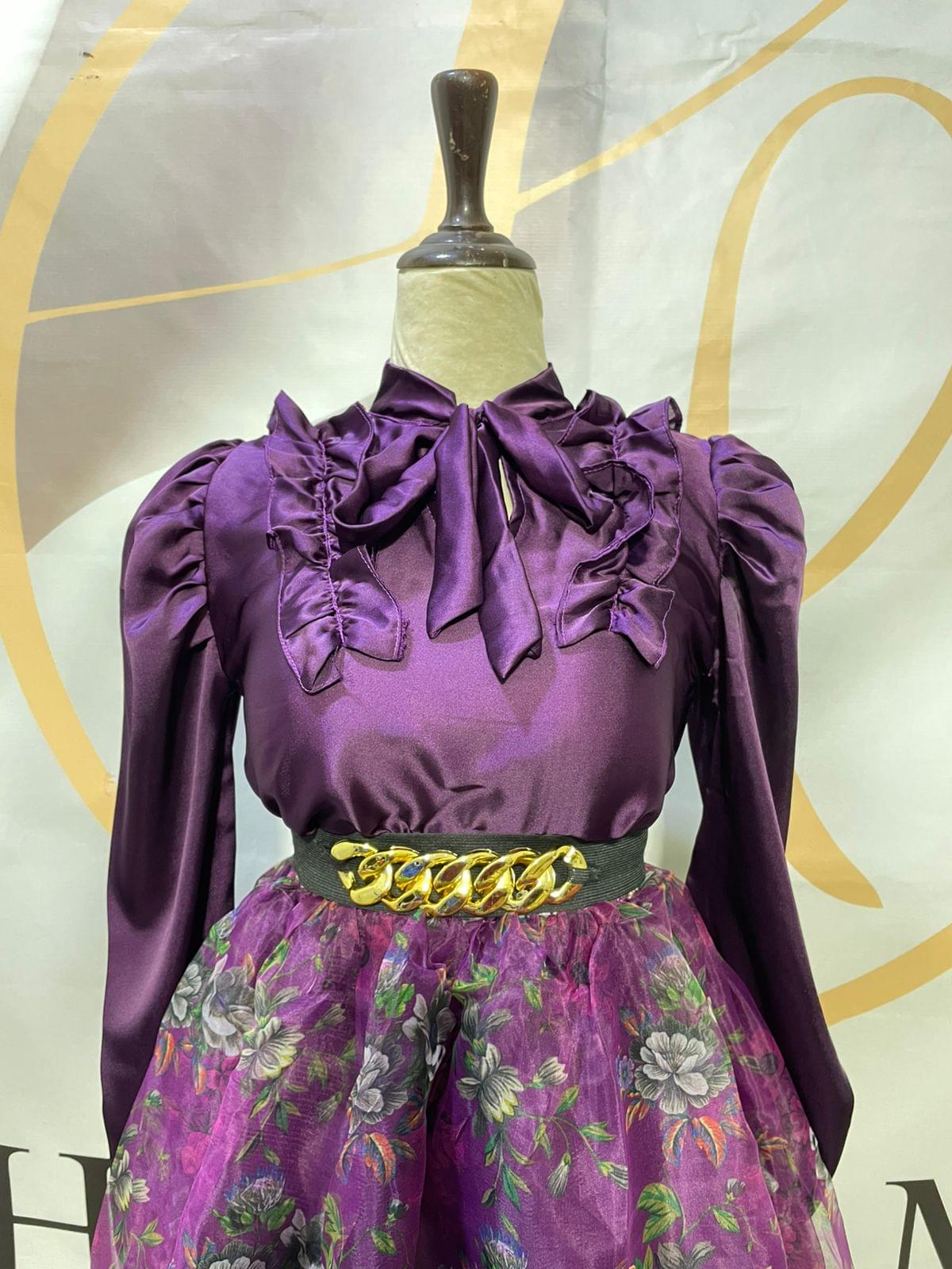 Luxury Purple Silk Shirt with Floral Organza Skirt & Gold Chain Belt – Harram Collection