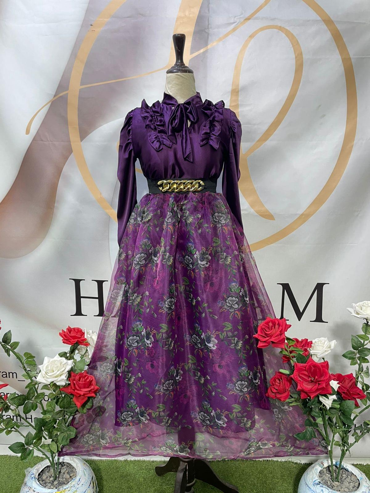Luxury Purple Silk Shirt with Floral Organza Skirt & Gold Chain Belt – Harram Collection - Image 3