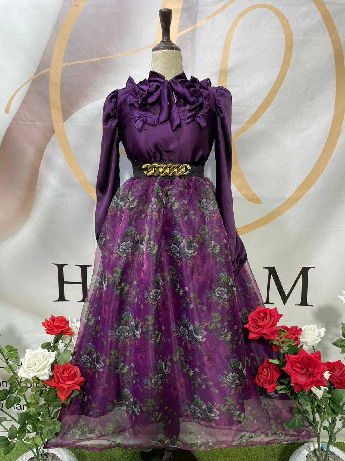 Luxury Purple Silk Shirt with Floral Organza Skirt & Gold Chain Belt – Harram Collection - Image 2