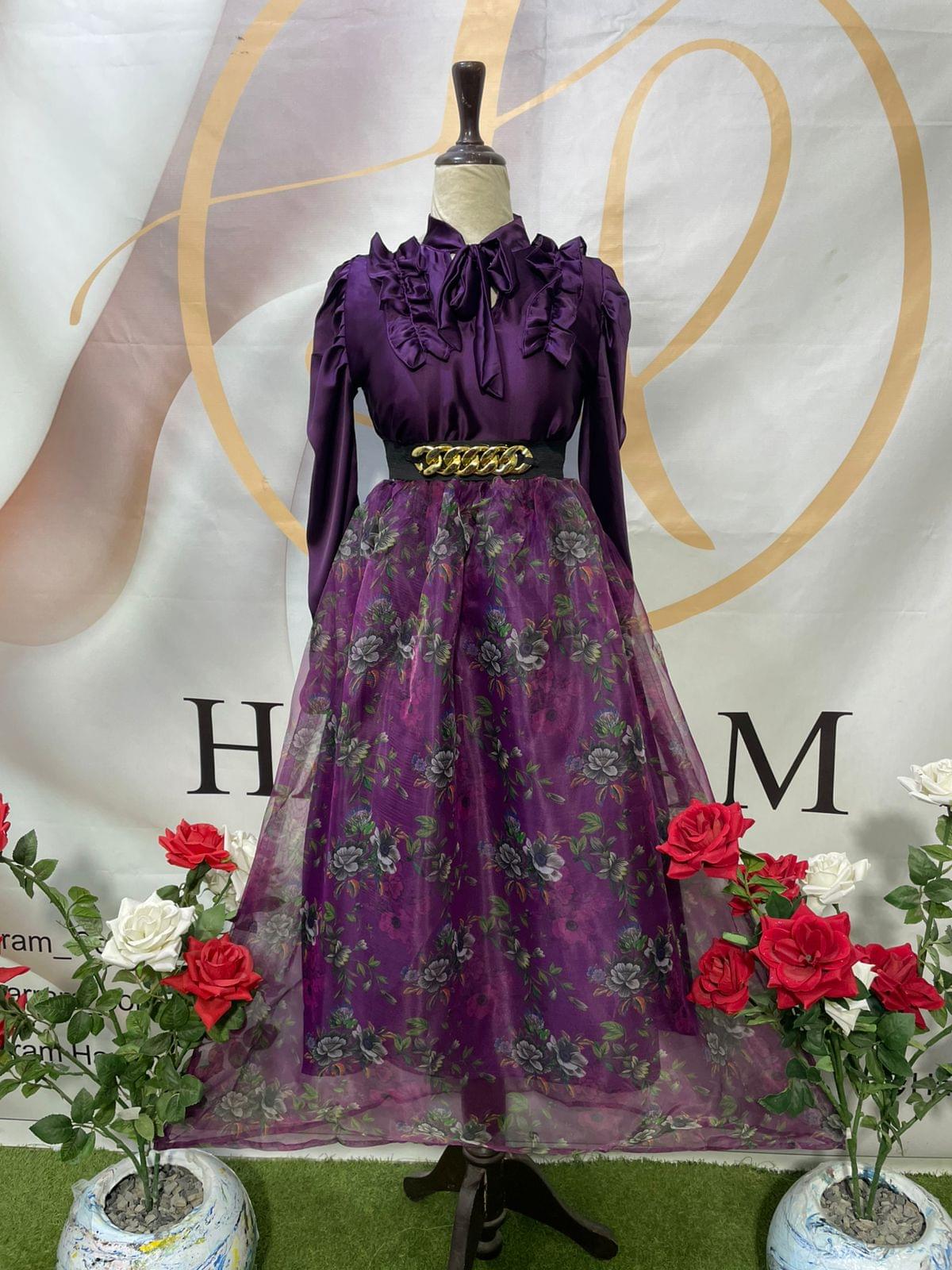 Luxury Purple Silk Shirt with Floral Organza Skirt & Gold Chain Belt – Harram Collection - Image 4