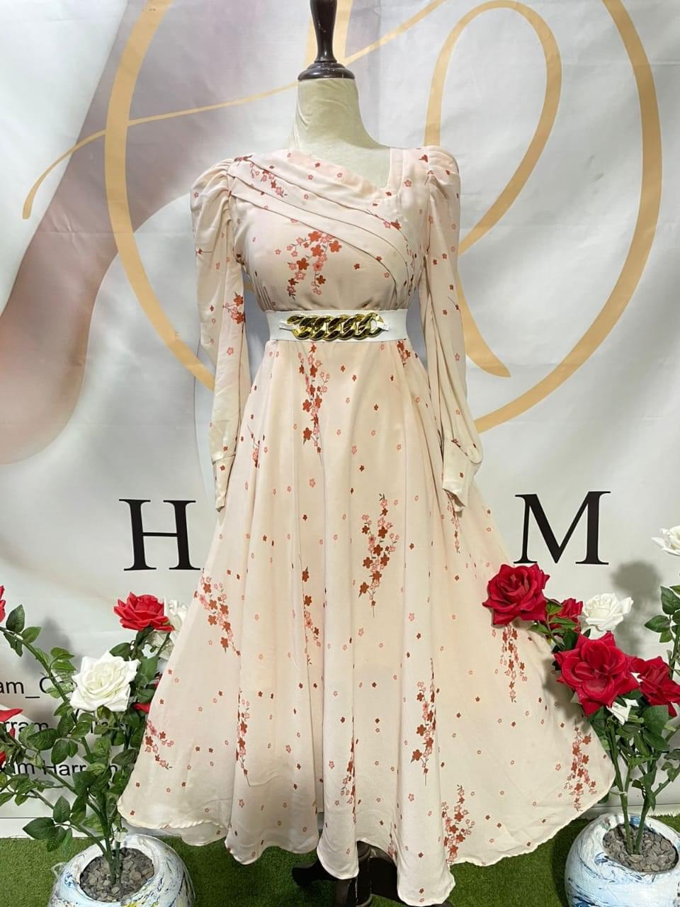 Elegant Peach Floral Korean Chiffon Maxi with Gold Chain Belt – Harram Collection