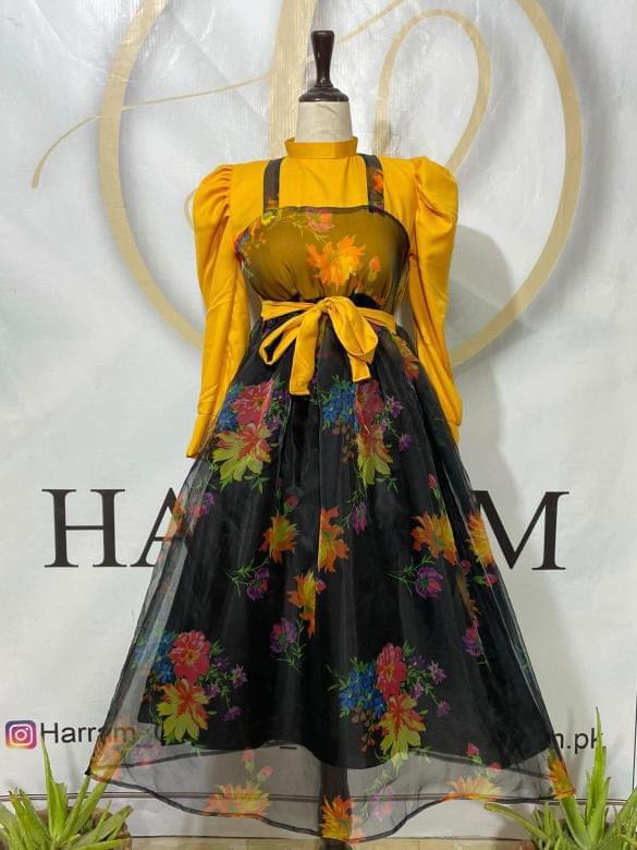 Black Floral Organza Dress with Mustard Blouse