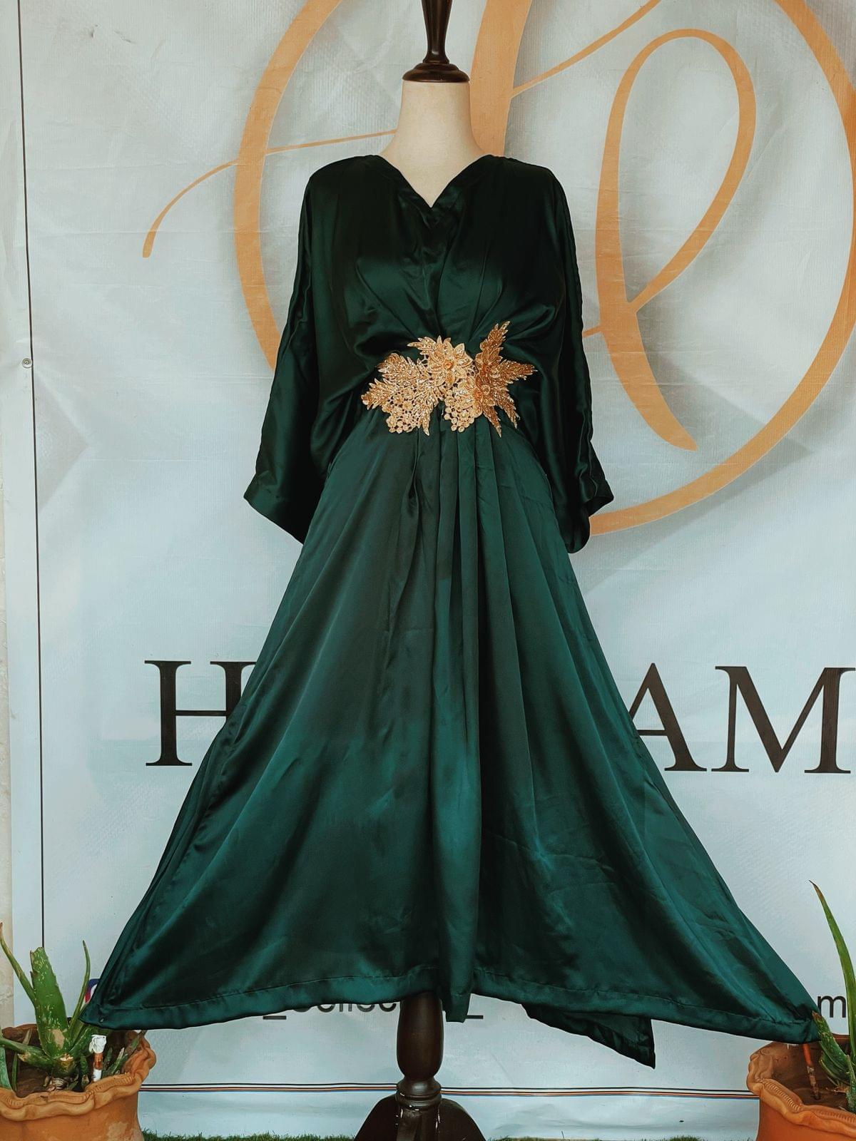Emerald Green Silk Kaftan with Gold Embellished patch
