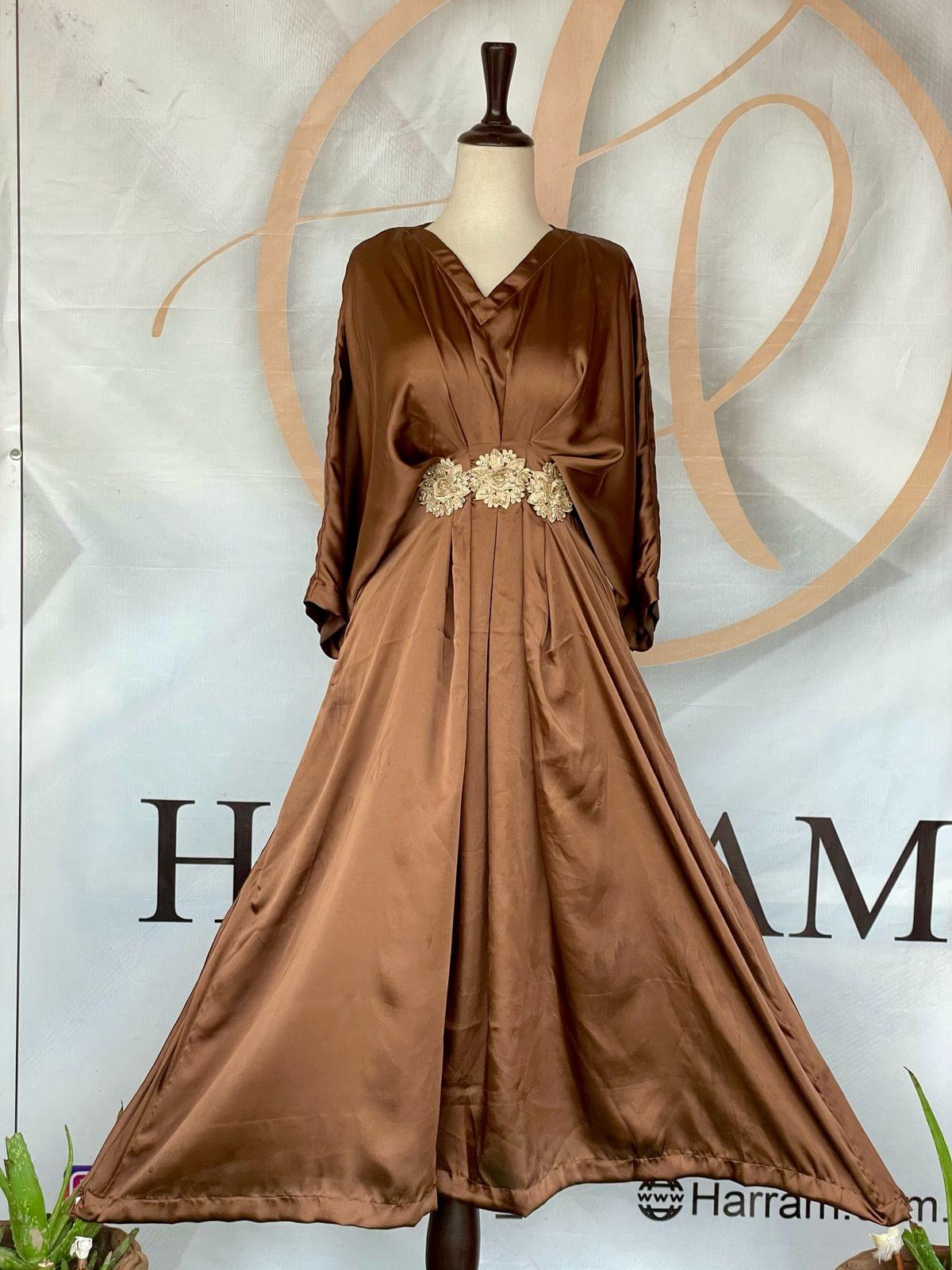 Luxury Brown Silk Kaftan with Embellished patch