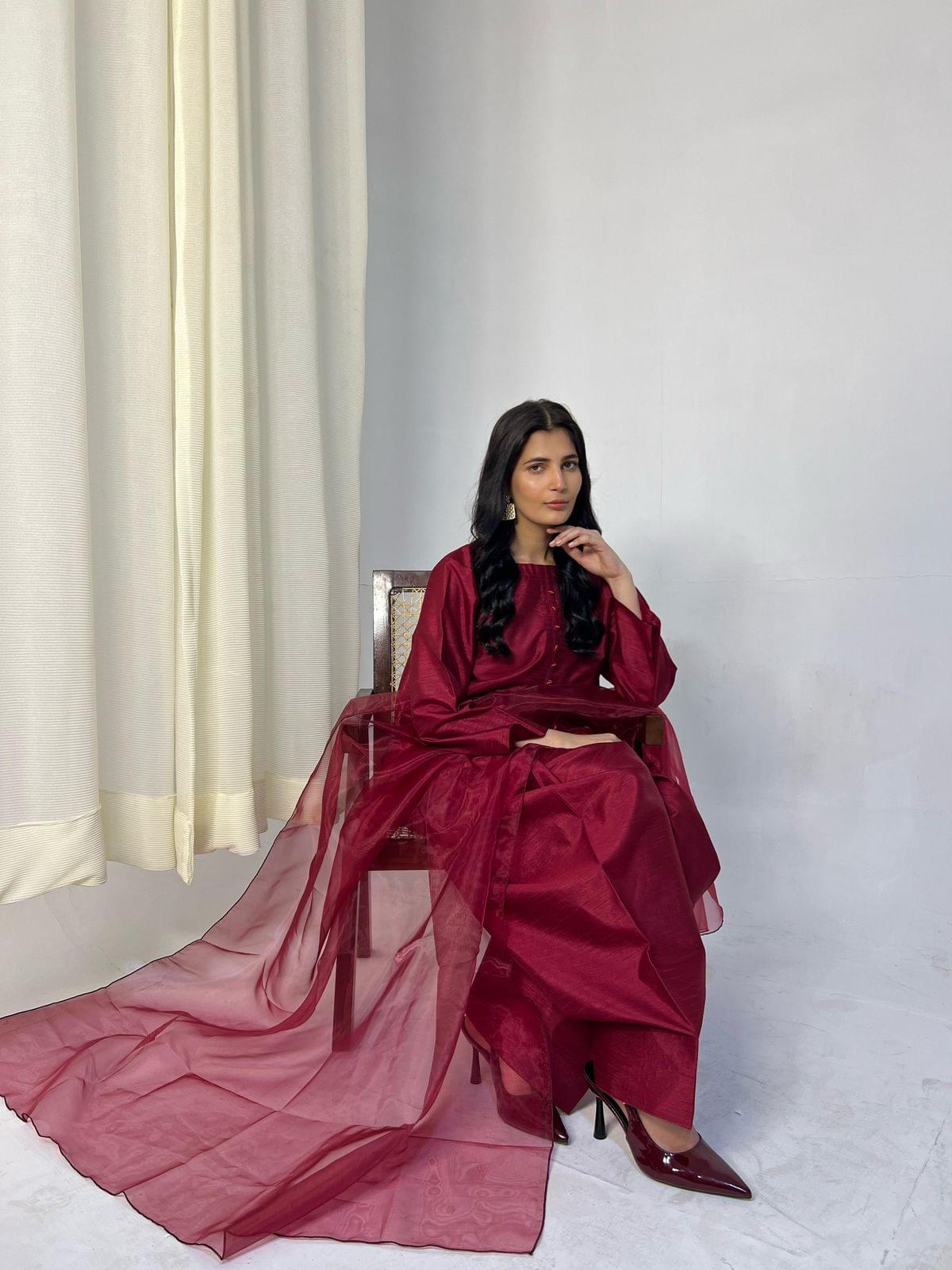 Title: Deep Maroon Farshi Dress – 3-Piece Elegant Ensemble