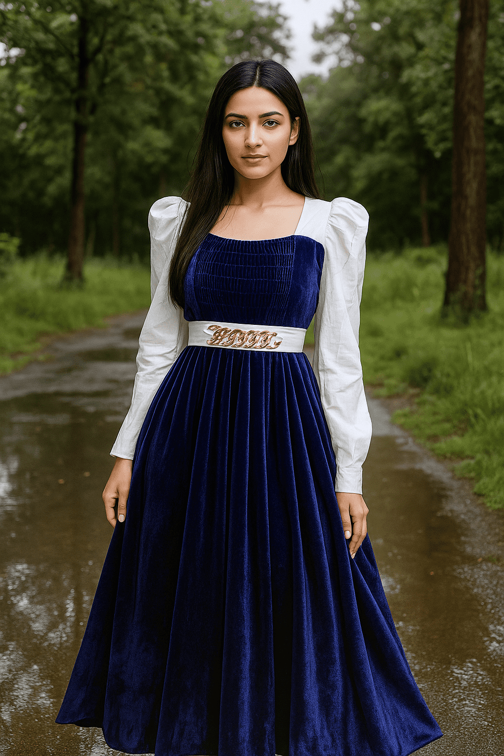 Royal Blue Velvet Maxi with White Puff Sleeves & Gold Belt