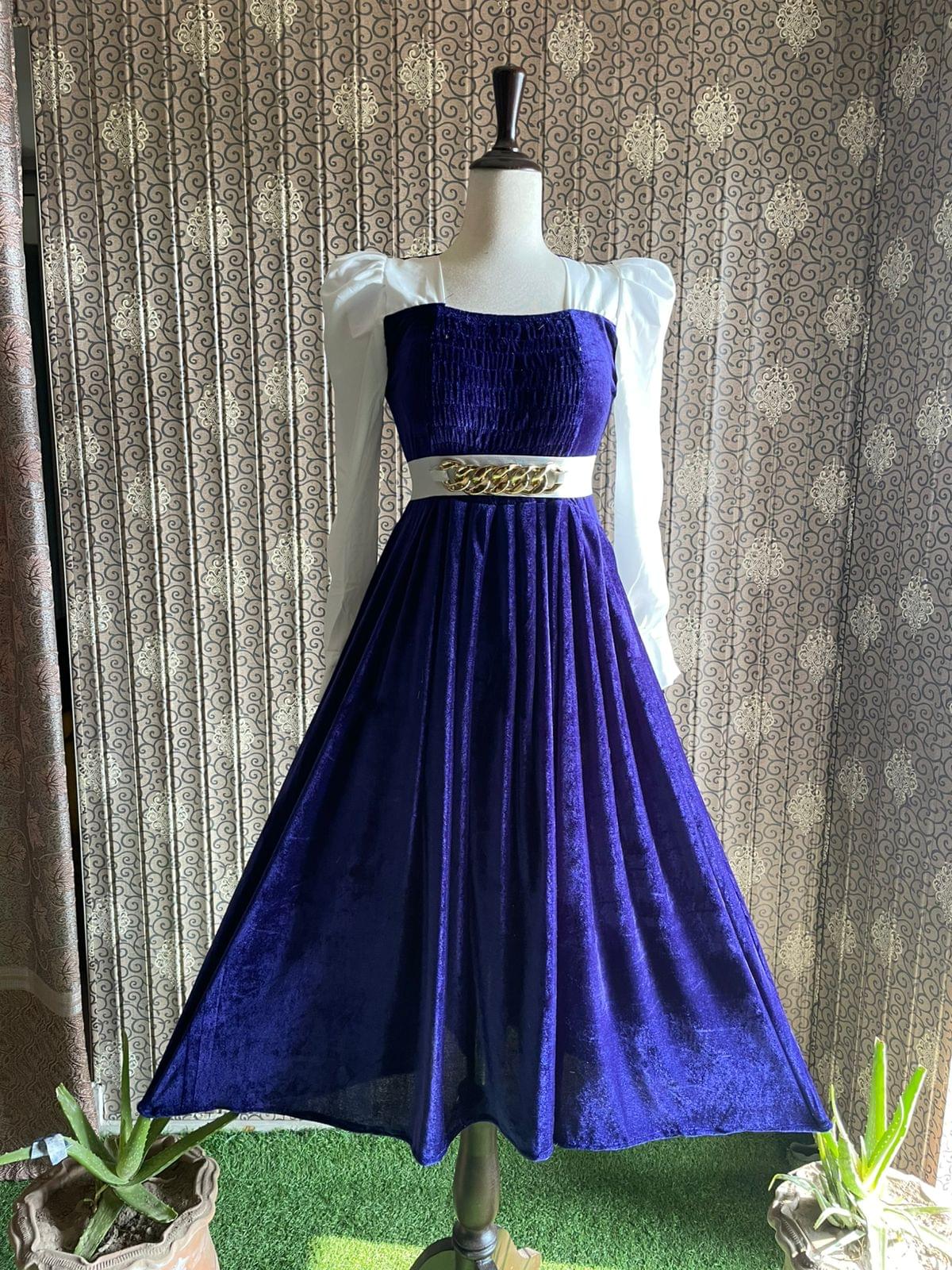 Royal Blue Velvet Maxi with White Puff Sleeves & Gold Belt - Image 3