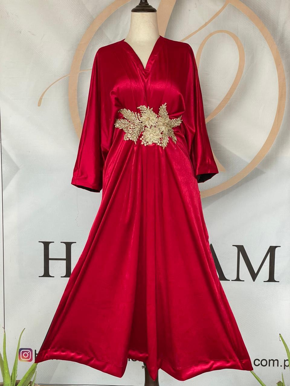 Royal Red Velvet kaftan with Golden Embroidered Belt