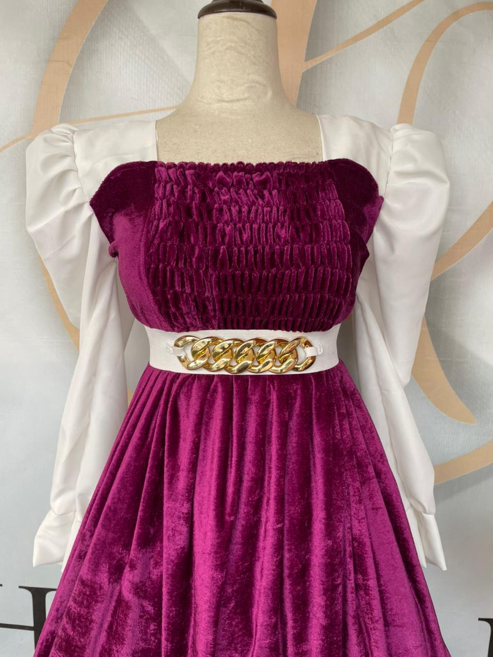 Royal Velvet Magenta Maxi with White Puff Sleeves