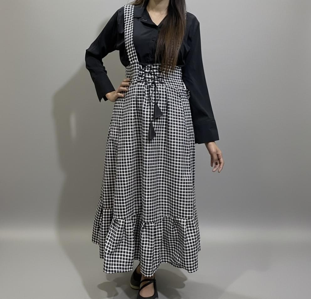 Classic Gingham Check Maxi Pinafore Skirt with Black Shirt Set