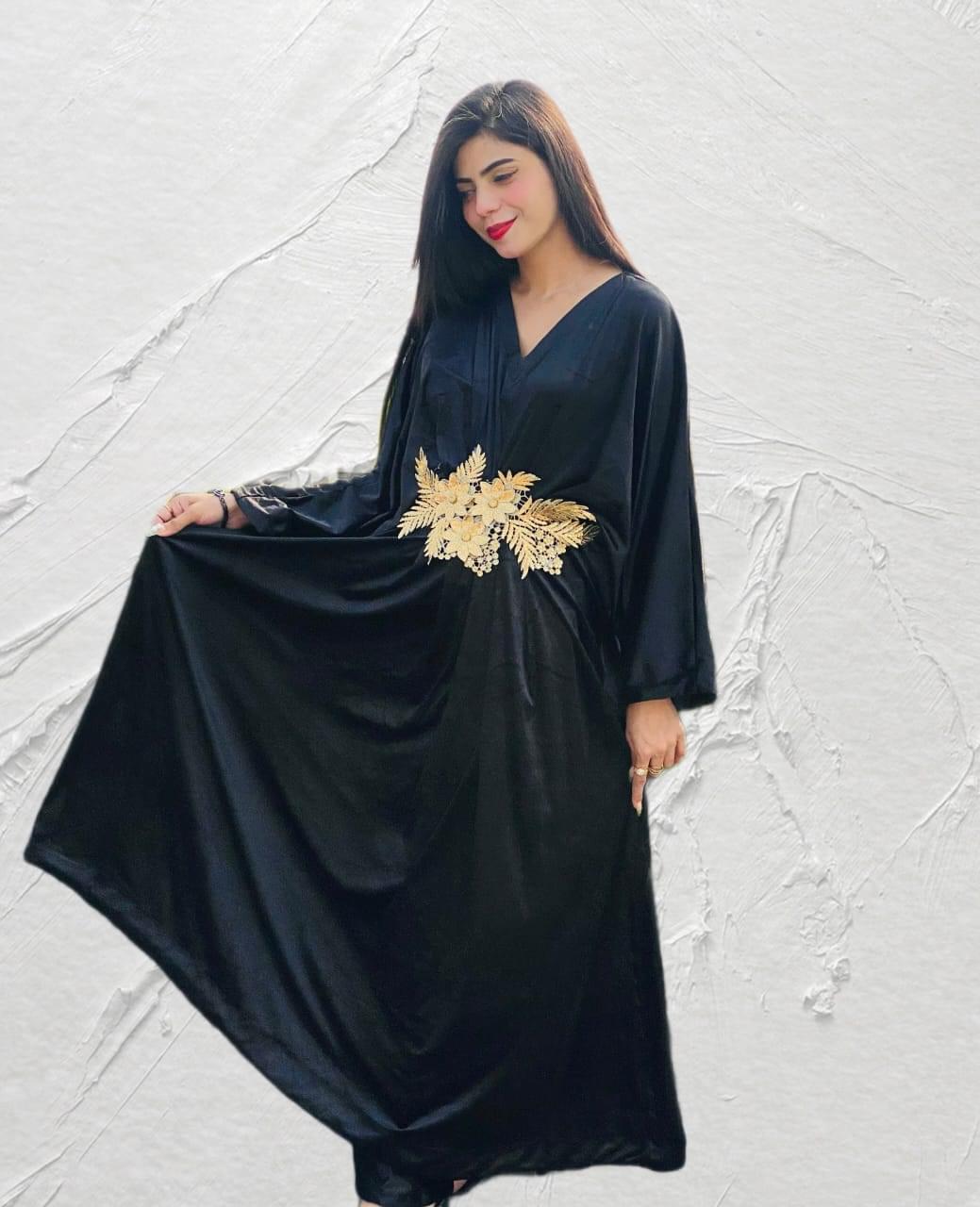 Premium Black Velvet Kaftan Dress - Gold Floral Waist Detail - Modest & Luxurious