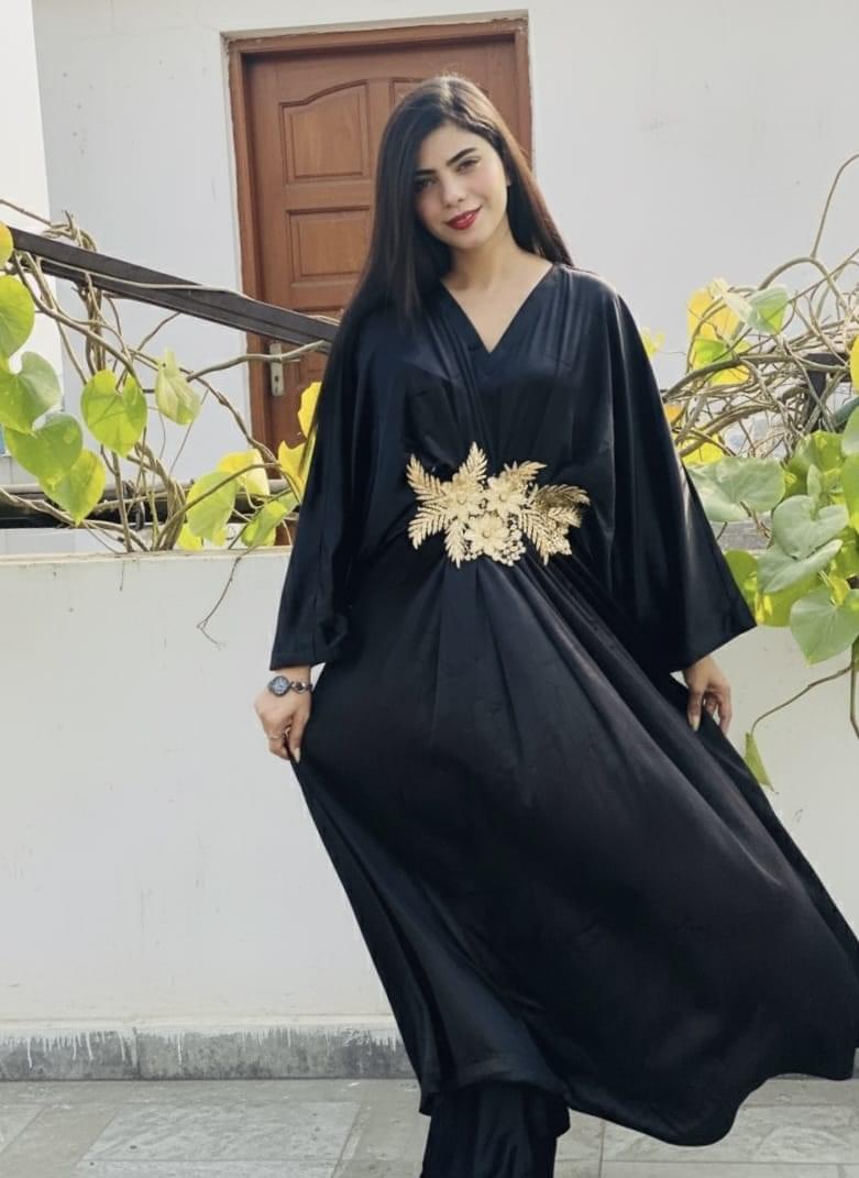 Premium Black Velvet Kaftan Dress - Gold Floral Waist Detail - Modest & Luxurious - Image 3