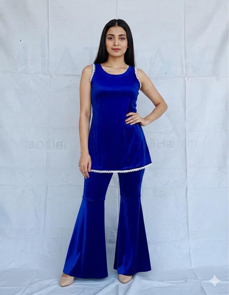 Royal Blue Velvet 2-Piece Suit - Sleeveless Tunic with White Lace & Bell-Bottom Trousers