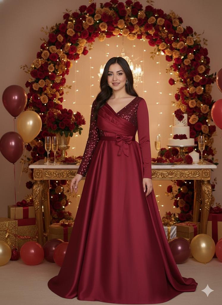 Maroon Sequin Sleeves Silk Satin Gown - Elegant Party & Wedding Wear Maxi