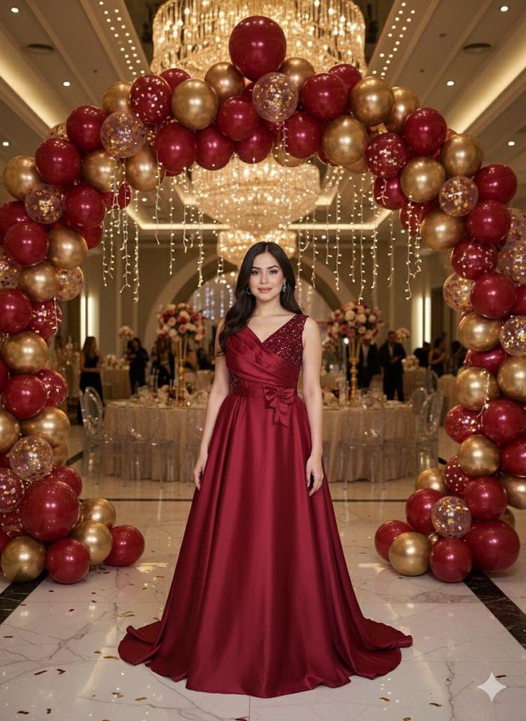 Maroon Sequin Slearoon Sequin Sleeves Silk Satin Gown - Elegant Party & Wedding Wear Maxieves Silk Satin Gown - Elegant Party & Wedding Wear Maxi