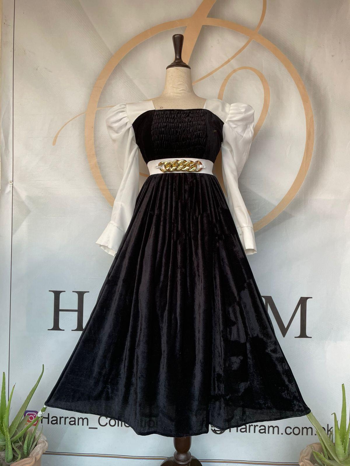 Black Velvet Smocked Maxi Dress with White Puff Sleeves - Chain Belt Detail Frock