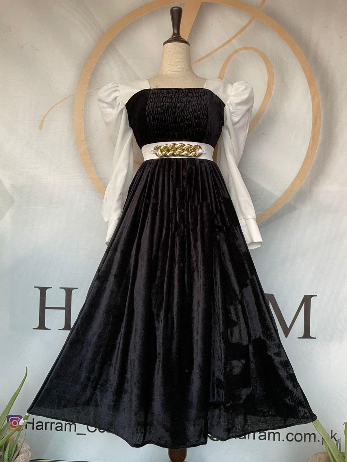 Black Velvet Smocked Maxi Dress with White Puff Sleeves - Chain Belt Detail Frock - Image 3