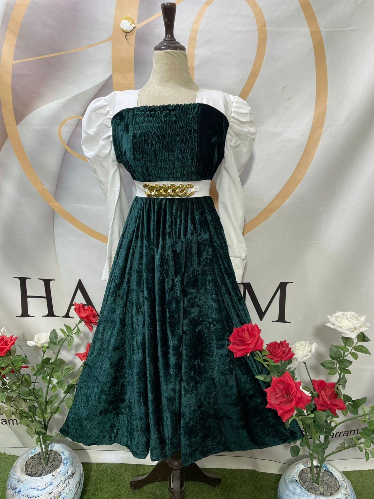 Emerald Green Velvet Smocked Frock with Contrast White Puff Sleeves - Winter Party Dress - Image 3