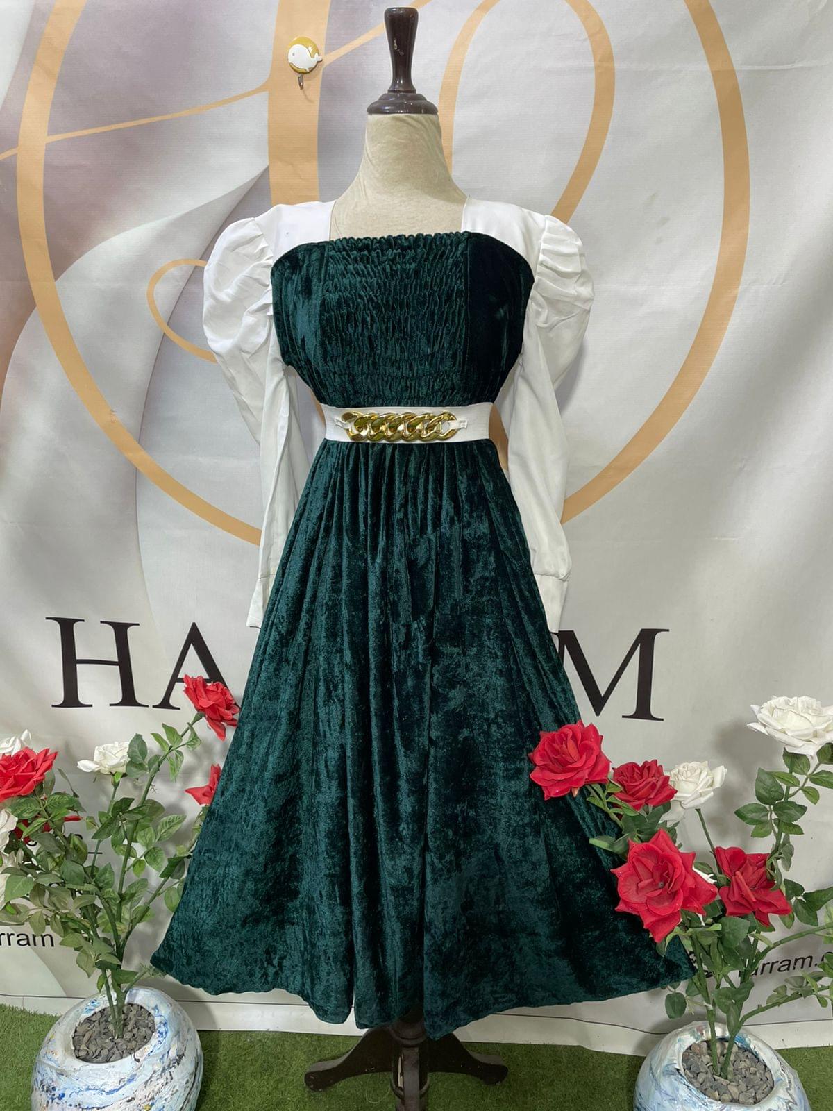 Emerald Green Velvet Smocked Frock with Contrast White Puff Sleeves - Winter Party Dress