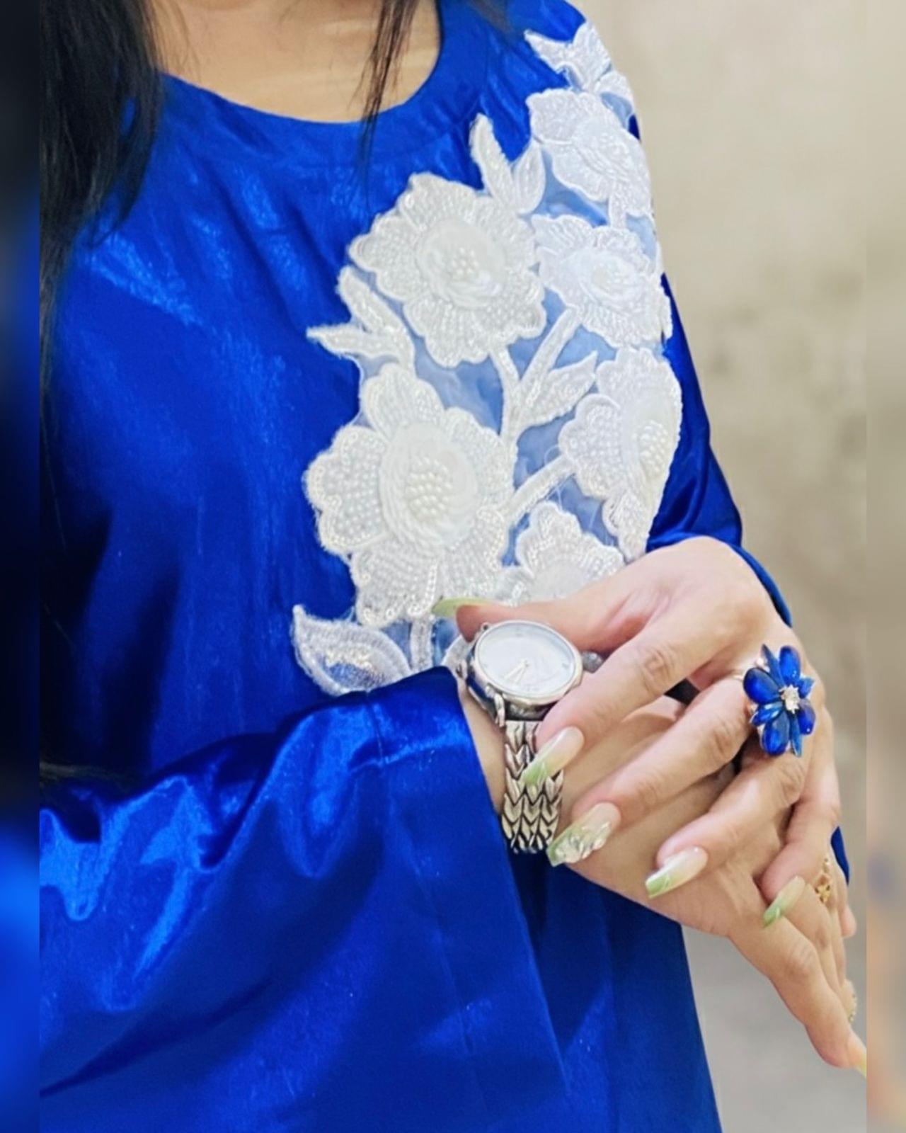 Premium Royal Blue Velvet 2-Piece Dress - White Floral Applique Work