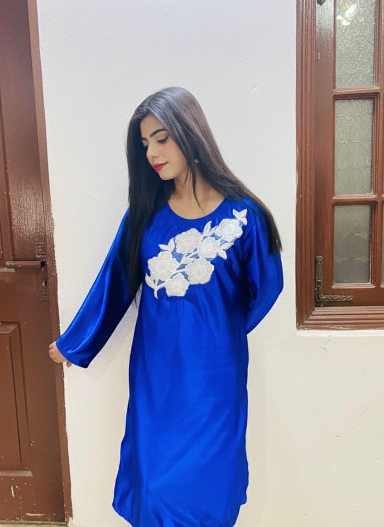 Premium Royal Blue Velvet 2-Piece Dress - White Floral Applique Work - Image 3