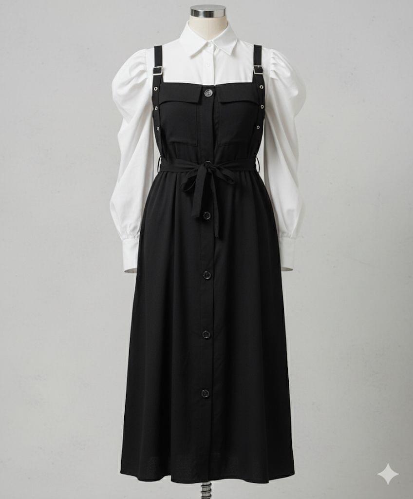 Trendy Black Linen Button-Front Pinafore Dress with Puff Sleeve Shirt Set - Image 3