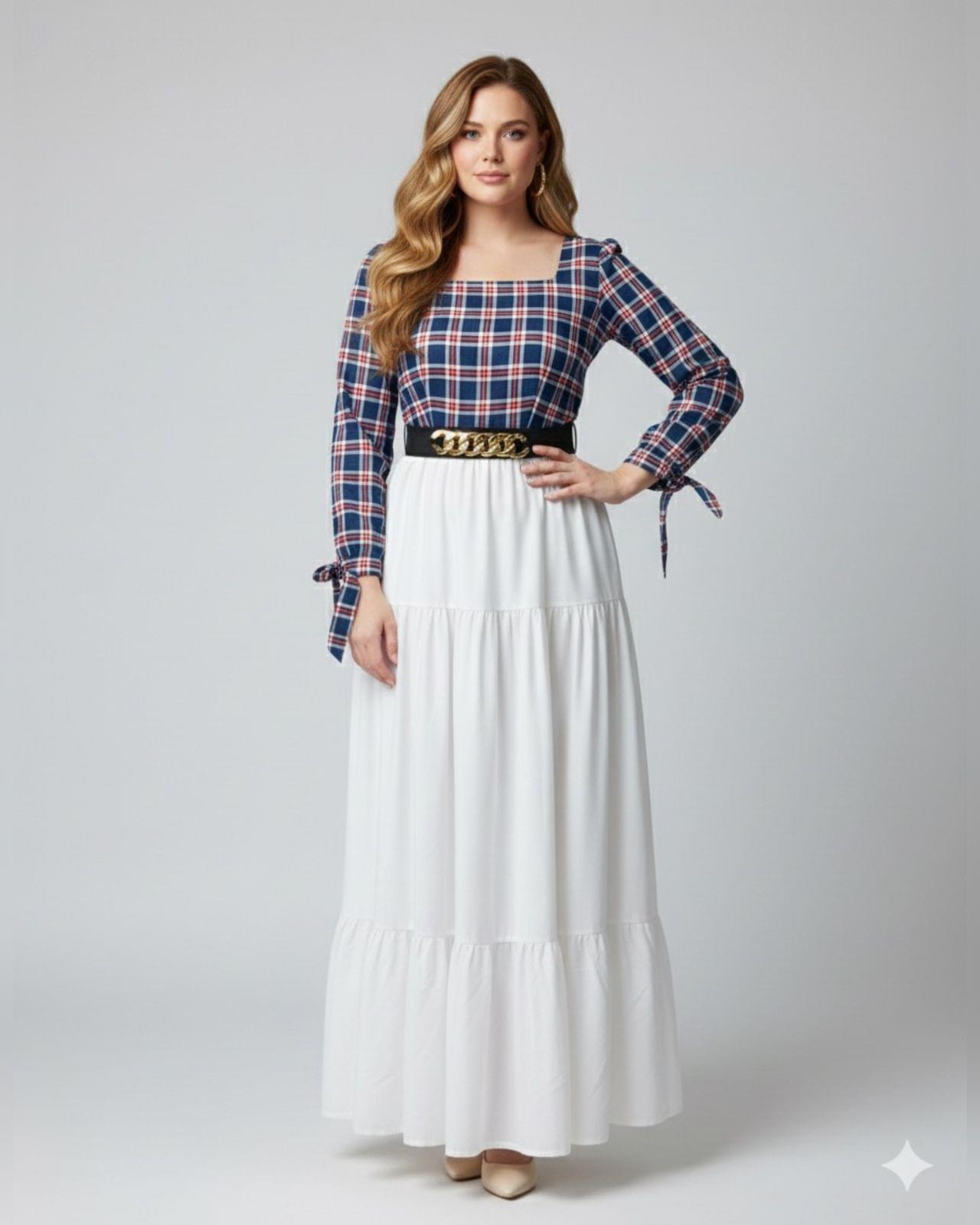 Stylish Checked Cotton Top with Tiered Georgette Skirt | Modern